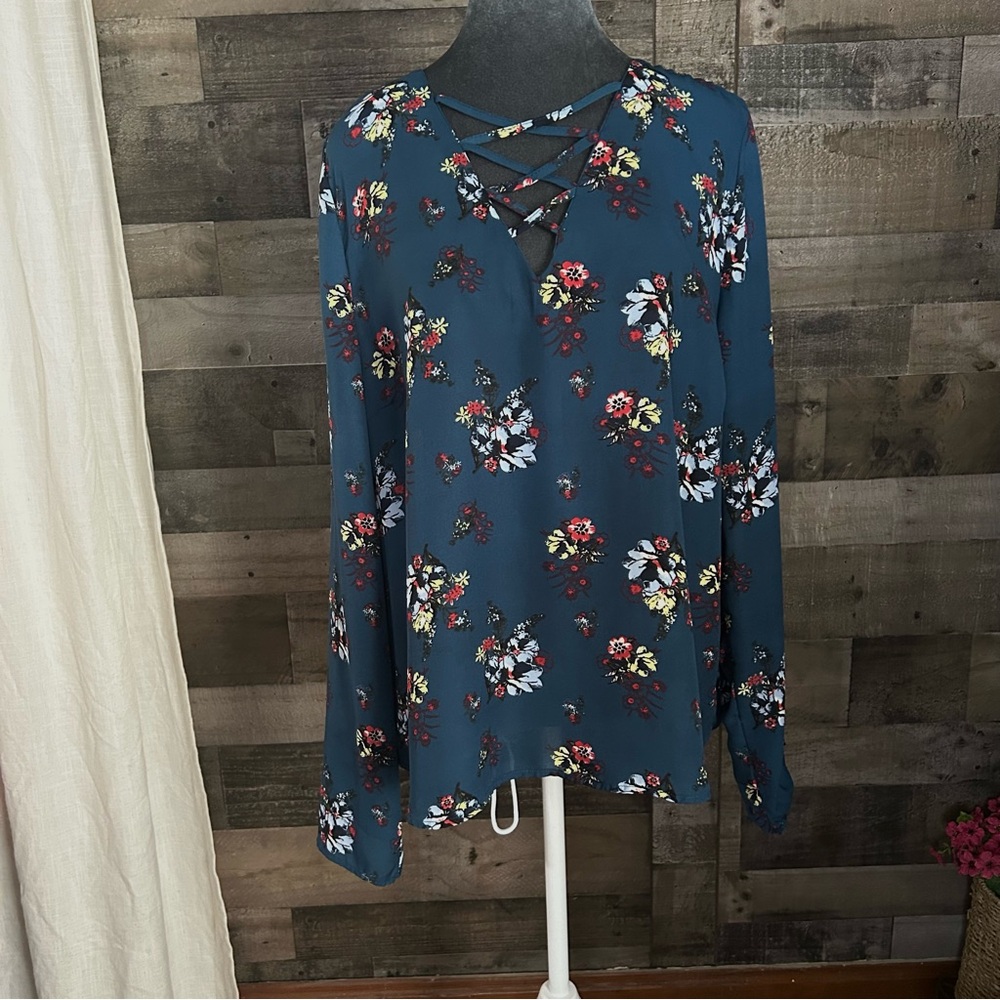 Rue21 Blue Lace-Up Long Sleeve Blouse - Picture 1 of 6
